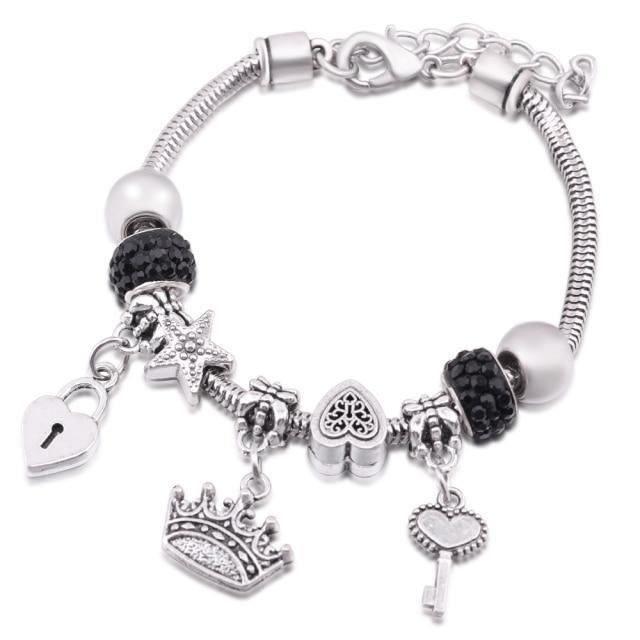 Crown Charm Lobster Buckle Snake Chain Beaded Bangles - The Jewellery Supermarket