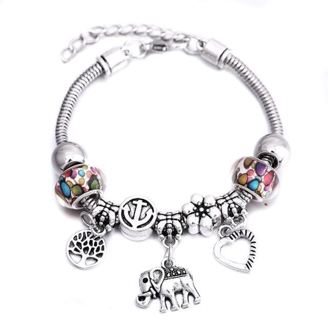 Crown Charm Lobster Buckle Snake Chain Beaded Bangles - The Jewellery Supermarket