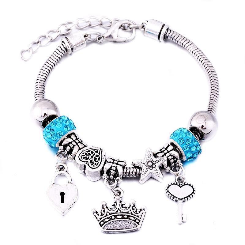 Crown Charm Lobster Buckle Snake Chain Beaded Bangles - The Jewellery Supermarket