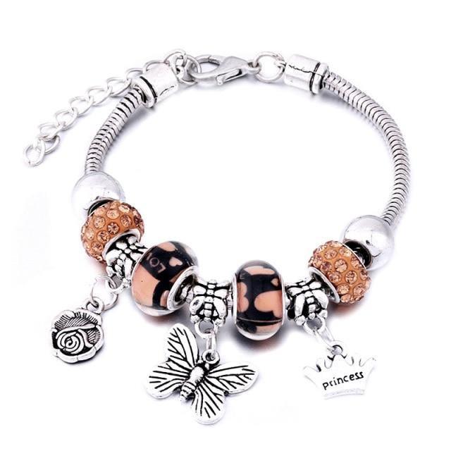 Crown Charm Lobster Buckle Snake Chain Beaded Bangles - The Jewellery Supermarket