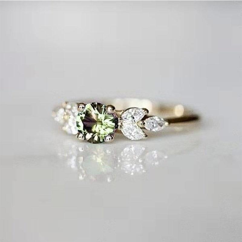 Delicate Olive Green Round AAA+ Cubic Zirconia Diamonds with Leave Shape Elegant Gold Color Ring - The Jewellery Supermarket