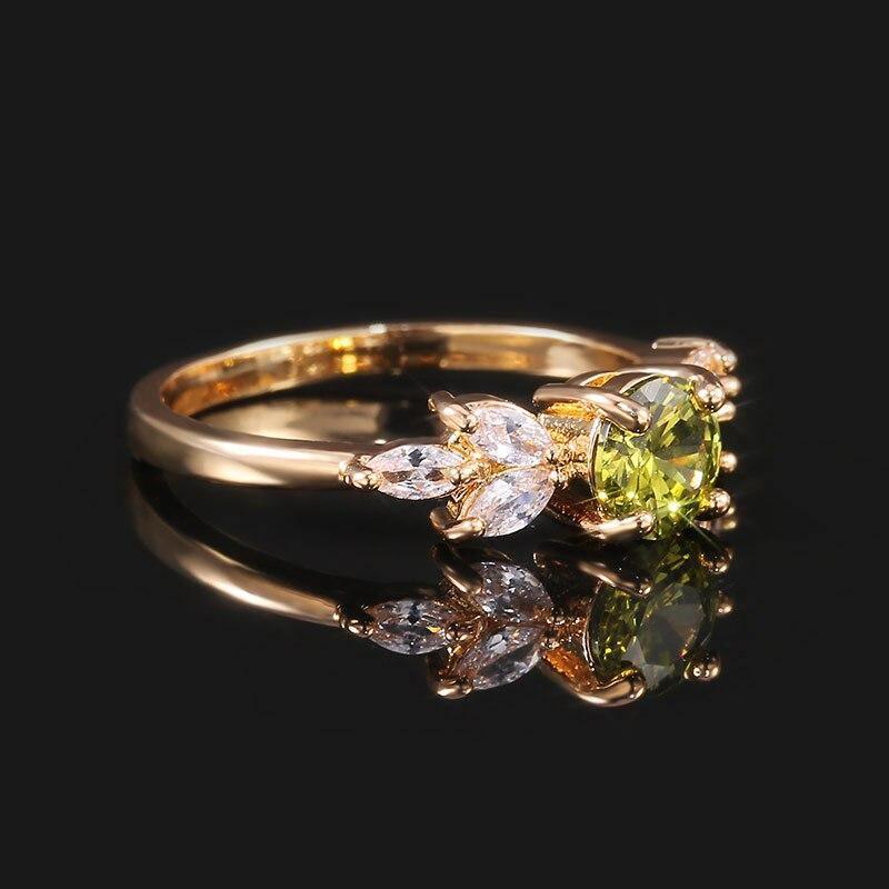 Delicate Olive Green Round AAA+ Cubic Zirconia Diamonds with Leave Shape Elegant Gold Color Ring - The Jewellery Supermarket