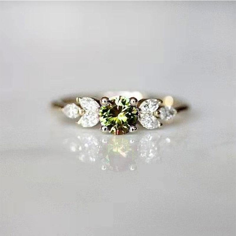Delicate Olive Green Round AAA+ Cubic Zirconia Diamonds with Leave Shape Elegant Gold Color Ring - The Jewellery Supermarket