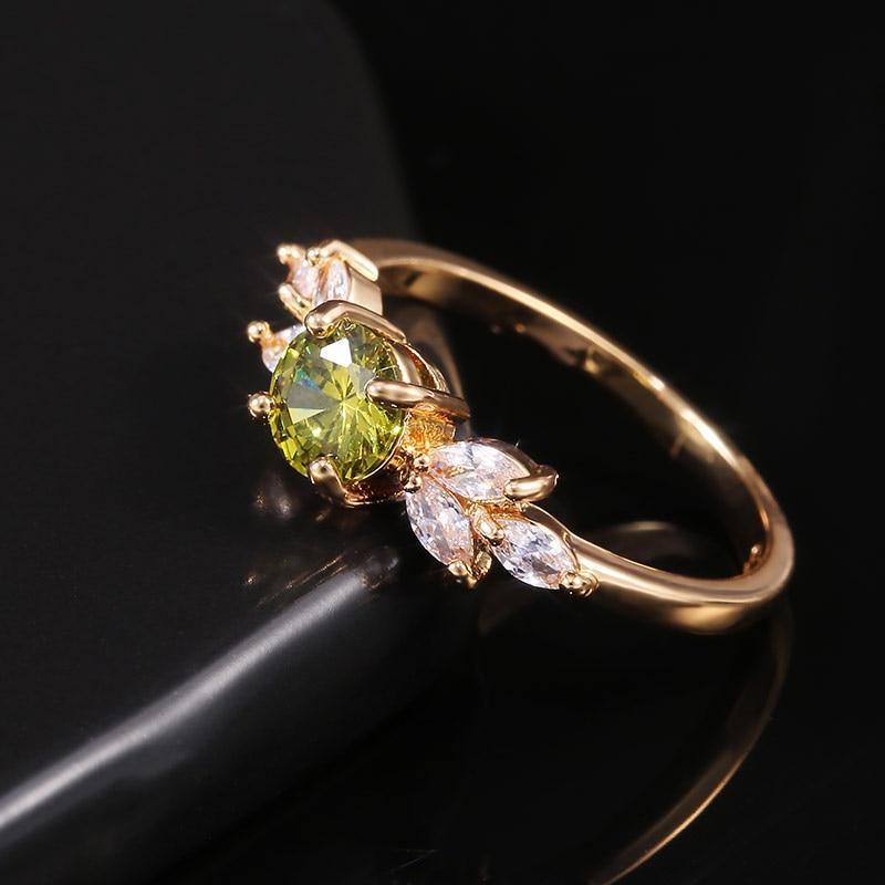 Delicate Olive Green Round AAA+ Cubic Zirconia Diamonds with Leave Shape Elegant Gold Color Ring - The Jewellery Supermarket