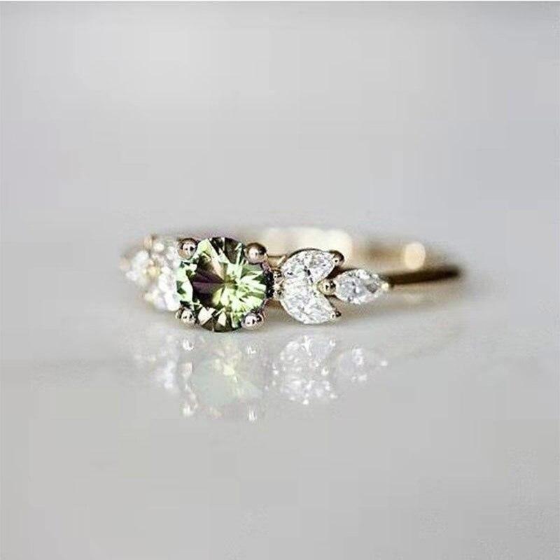 Delicate Olive Green Round AAA+ Cubic Zirconia Diamonds with Leave Shape Elegant Gold Color Ring - The Jewellery Supermarket