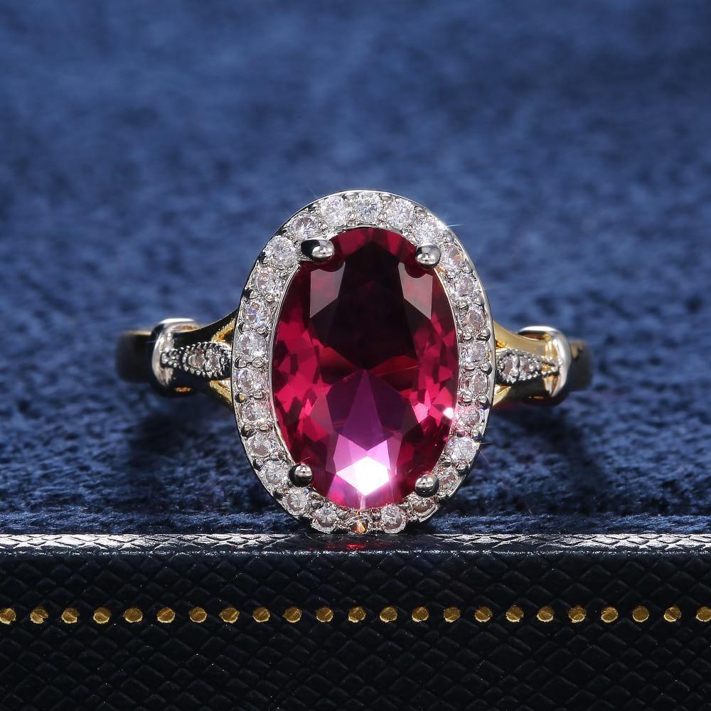Gorgeous Oval Red AAA CZ Crystals Two Tone Design Elegant Fashion Ring - The Jewellery Supermarket