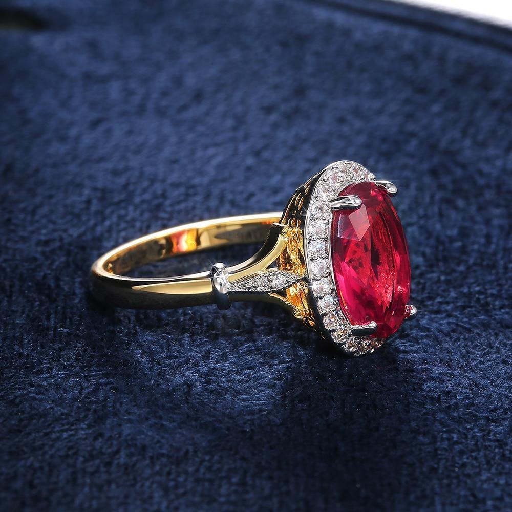 Gorgeous Oval Red AAA CZ Crystals Two Tone Design Elegant Fashion Ring - The Jewellery Supermarket