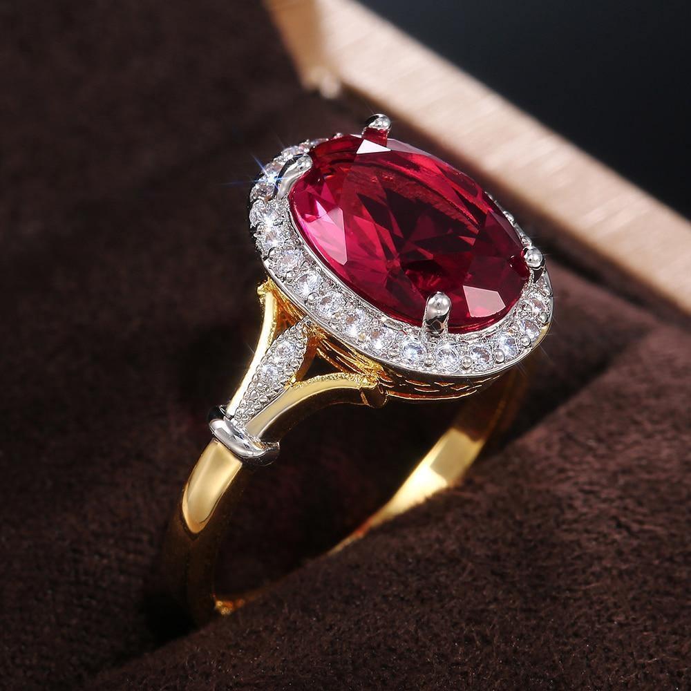 Gorgeous Oval Red AAA CZ Crystals Two Tone Design Elegant Fashion Ring - The Jewellery Supermarket