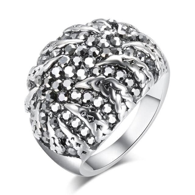 Hot Vintage Tibetan Silver Mosaic Black Crystal Vintage Jewellery Ring - The Jewellery Supermarket