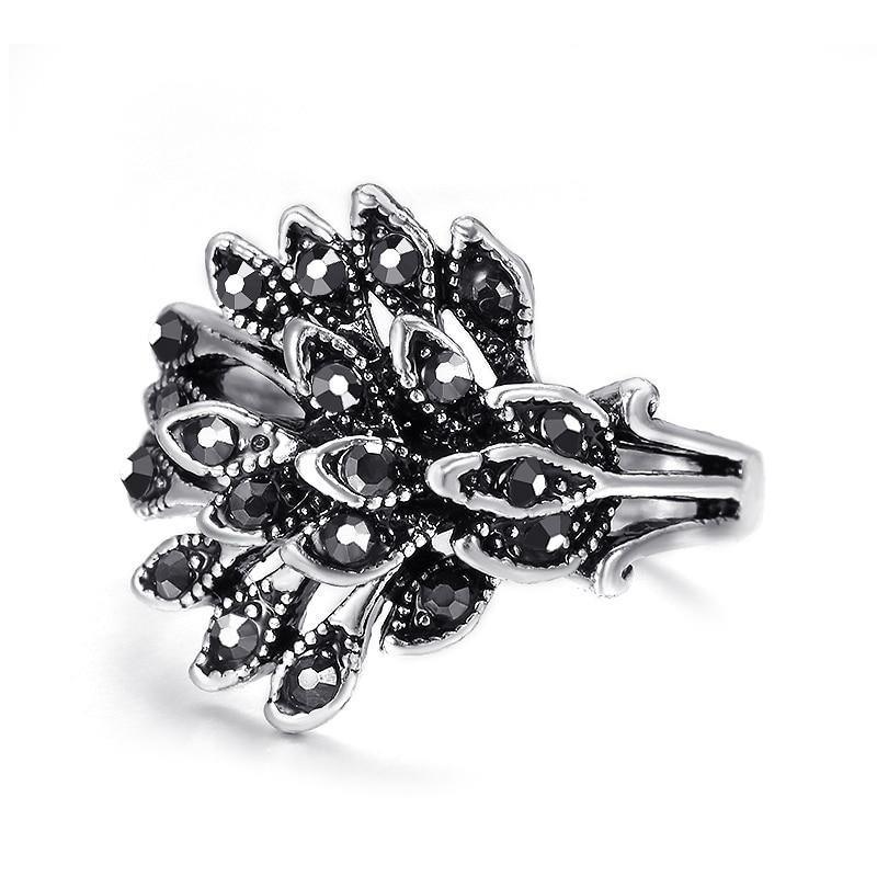 Hot Vintage Tibetan Silver Mosaic Black Crystal Vintage Jewellery Ring - The Jewellery Supermarket