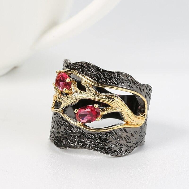 Lucky Tree Gun Black Mosaic Red Zircon Stone Vintage Ring - The Jewellery Supermarket