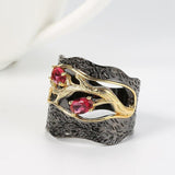 Lucky Tree Gun Black Mosaic Red Zircon Stone Vintage Ring - The Jewellery Supermarket