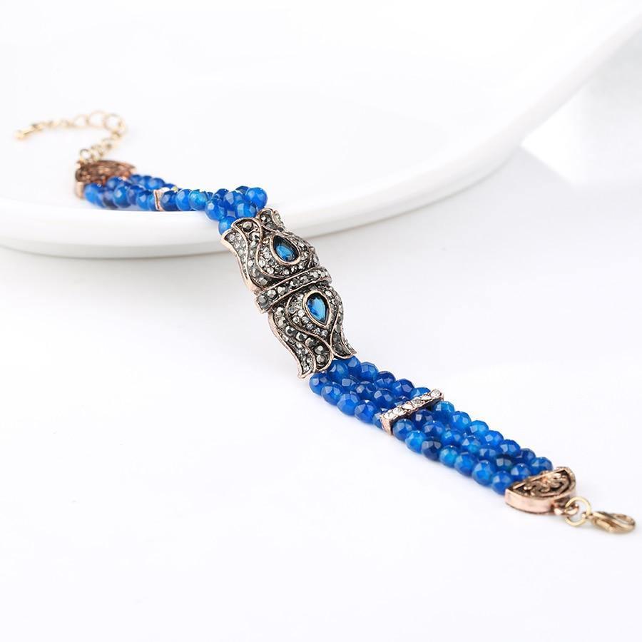 Luxury Blue Natural Stone Antique Gold Color Hollow Crystal Flower Bracelet - The Jewellery Supermarket