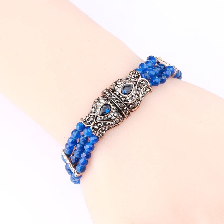 Luxury Blue Natural Stone Antique Gold Color Hollow Crystal Flower Bracelet - The Jewellery Supermarket
