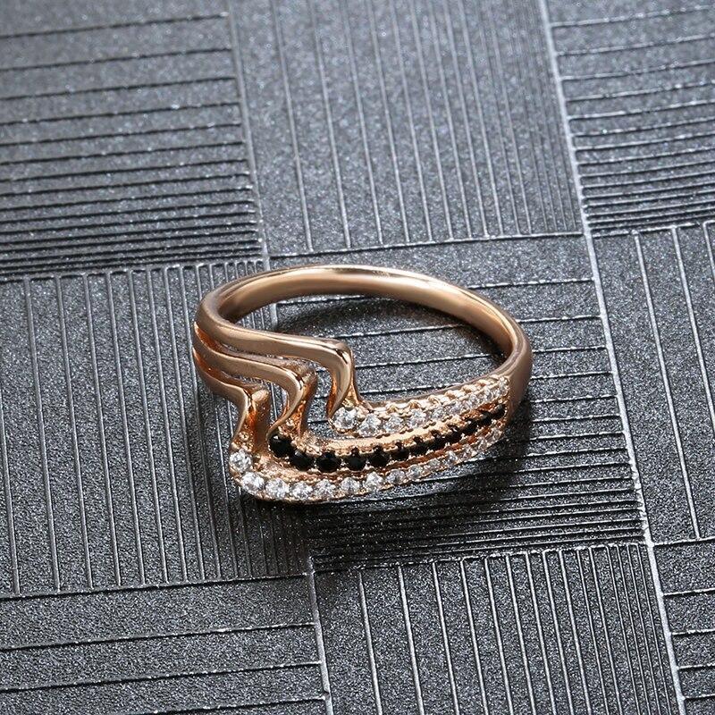 Luxury Rose Gold Natural Black Zircon Fashion 3 Rows Waves Ring - The Jewellery Supermarket