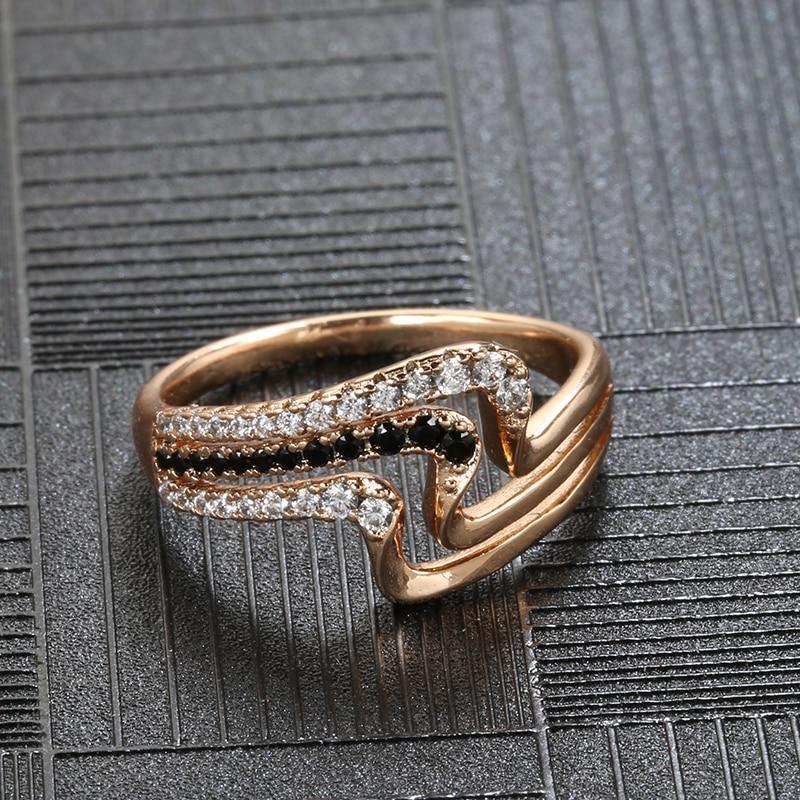 Luxury Rose Gold Natural Black Zircon Fashion 3 Rows Waves Ring - The Jewellery Supermarket