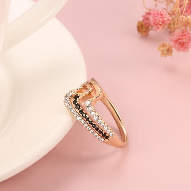 Luxury Rose Gold Natural Black Zircon Fashion 3 Rows Waves Ring - The Jewellery Supermarket