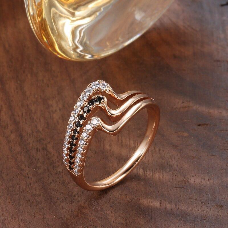 Luxury Rose Gold Natural Black Zircon Fashion 3 Rows Waves Ring - The Jewellery Supermarket