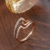 Luxury Rose Gold Natural Black Zircon Fashion 3 Rows Waves Ring - The Jewellery Supermarket