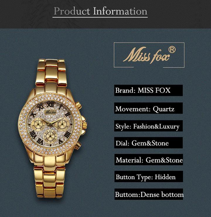MISS FOX Classic Roman Numbers Quartz Fashion Casual Gold Bling Ladies Watch - The Jewellery Supermarket