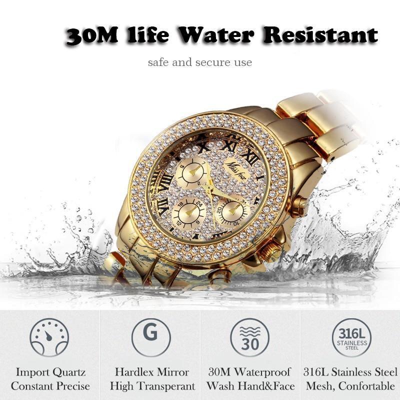 MISS FOX Classic Roman Numbers Quartz Fashion Casual Gold Bling Ladies Watch - The Jewellery Supermarket