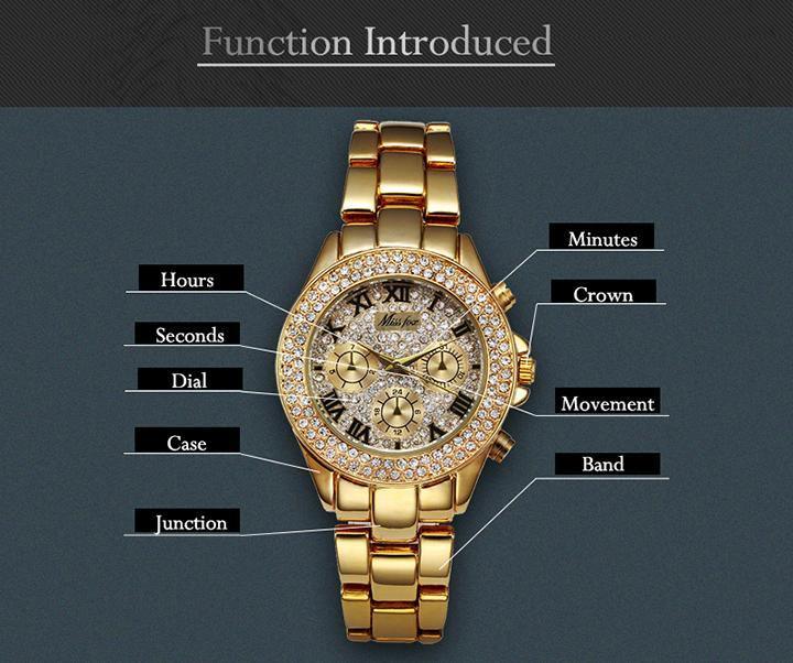 MISS FOX Classic Roman Numbers Quartz Fashion Casual Gold Bling Ladies Watch - The Jewellery Supermarket