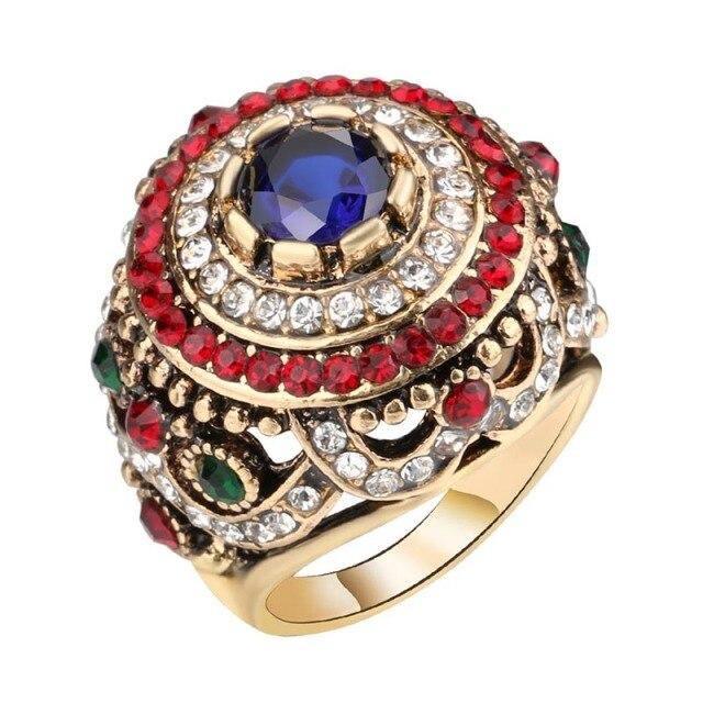 New Arrival Bohemian Blue Resin Inlay Crystal Gold Plated Antique Ring For Women - The Jewellery Supermarket