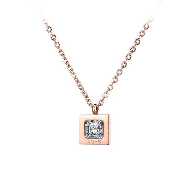 Rose Gold Color Collarbone Necklace Chain AAA+ CZ Diamond Square Pendant - The Jewellery Supermarket