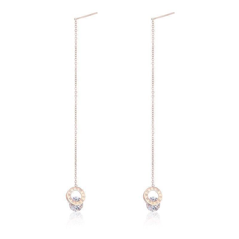 Titanium Stainless Steel Roman Round AAA+ Zircon Ear Line Rose Gold Long Tassel Earrings - The Jewellery Supermarket