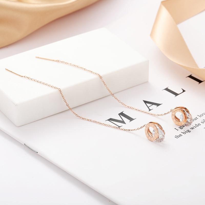 Titanium Stainless Steel Roman Round AAA+ Zircon Ear Line Rose Gold Long Tassel Earrings - The Jewellery Supermarket