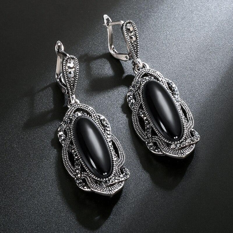 Top Quality Bohemian Black Stone Tibetan Silver Mosaic AAA Grey Crystal Oval Earrings - The Jewellery Supermarket