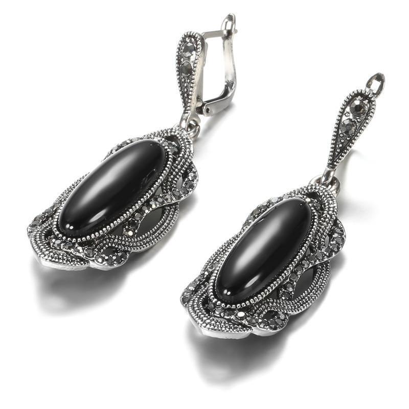 Top Quality Bohemian Black Stone Tibetan Silver Mosaic AAA Grey Crystal Oval Earrings - The Jewellery Supermarket