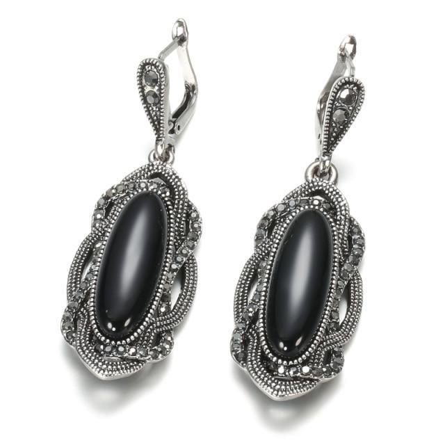 Top Quality Bohemian Black Stone Tibetan Silver Mosaic AAA Grey Crystal Oval Earrings - The Jewellery Supermarket