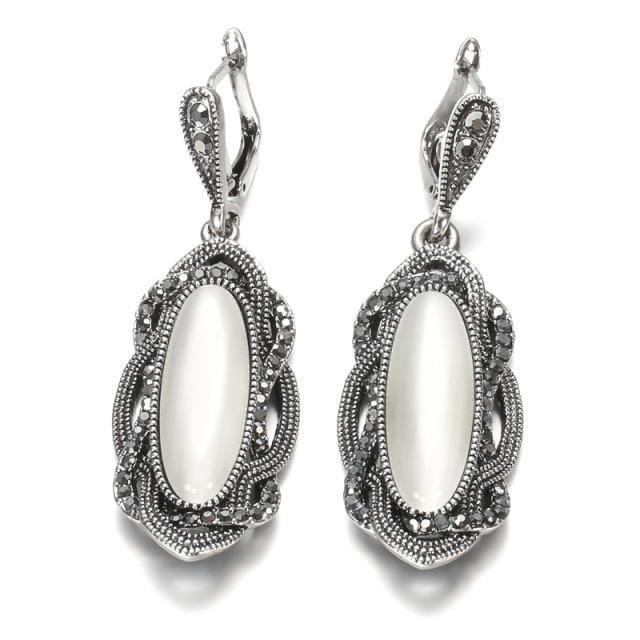 Top Quality Bohemian Black Stone Tibetan Silver Mosaic AAA Grey Crystal Oval Earrings - The Jewellery Supermarket