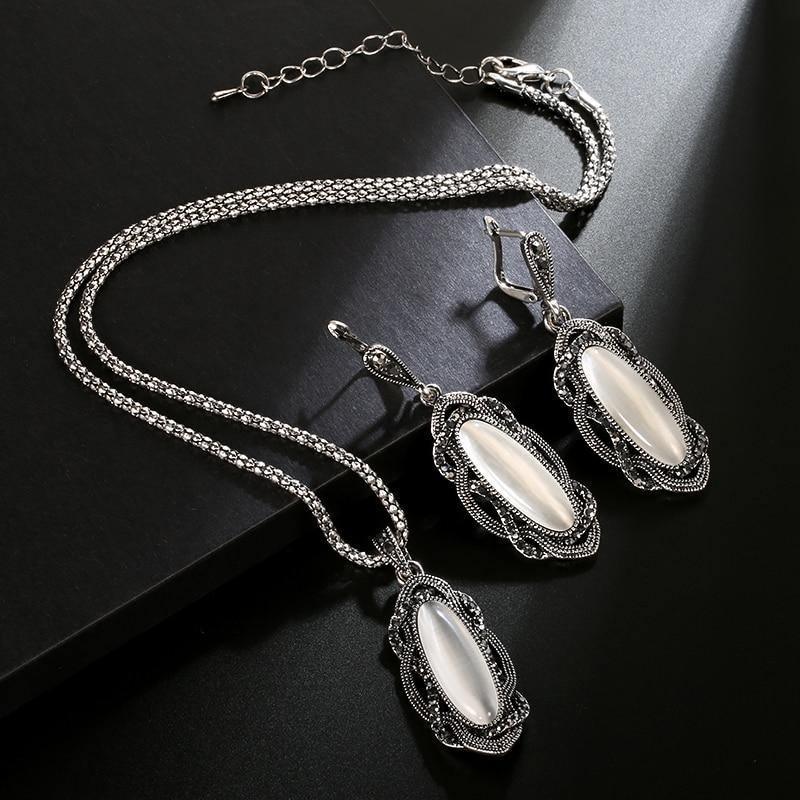 Top Quality Bohemian Black Stone Tibetan Silver Mosaic AAA Grey Crystal Oval Earrings - The Jewellery Supermarket