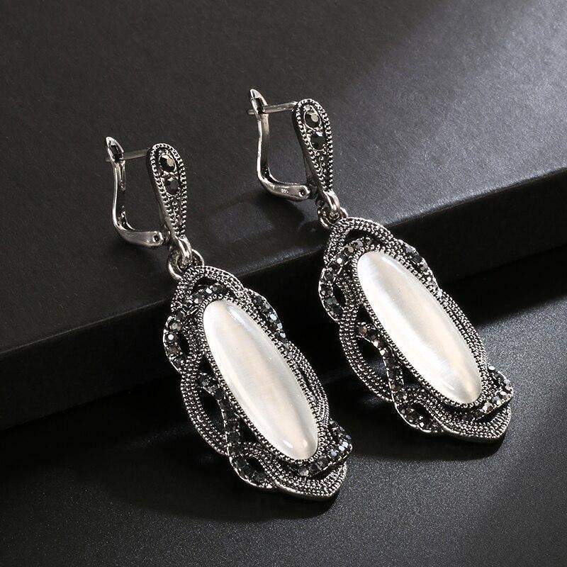 Top Quality Bohemian Black Stone Tibetan Silver Mosaic AAA Grey Crystal Oval Earrings - The Jewellery Supermarket