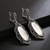 Top Quality Bohemian Black Stone Tibetan Silver Mosaic AAA Grey Crystal Oval Earrings - The Jewellery Supermarket