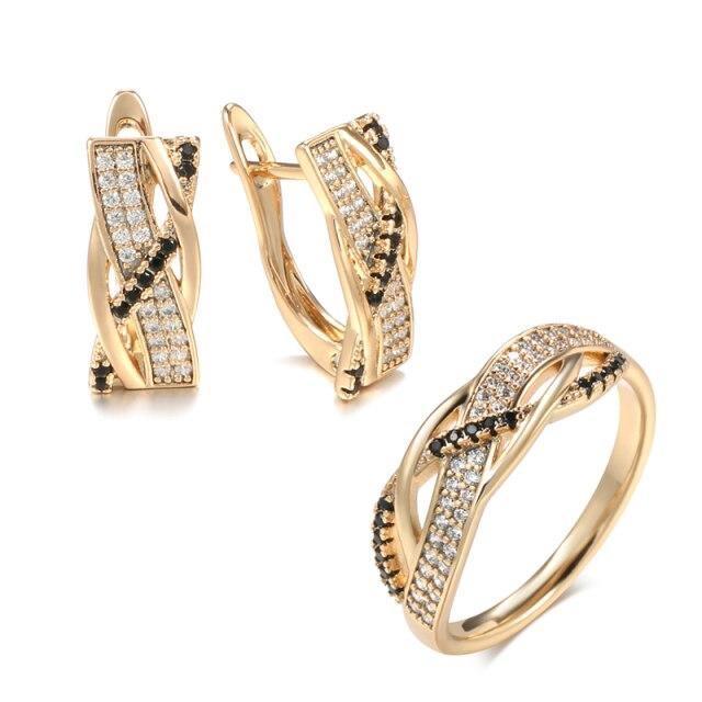 Trend Geometry Rose Gold Cross Black AAA+ Cubic Zirconia Diamonds Earrings Ring Set - The Jewellery Supermarket
