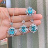 Vintage 8*10mm Lab Created Aquamarine Stone Silver Fine Jewellery Set