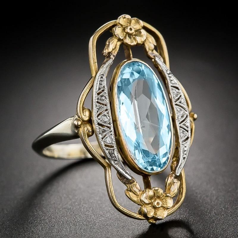 Vintage Two Tone Flower Design Inlaid Sky Blue Stone Aesthetic Jewelry Ring - The Jewellery Supermarket