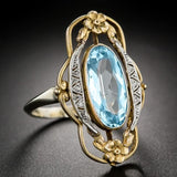 Vintage Two Tone Flower Design Inlaid Sky Blue Stone Aesthetic Jewelry Ring - The Jewellery Supermarket