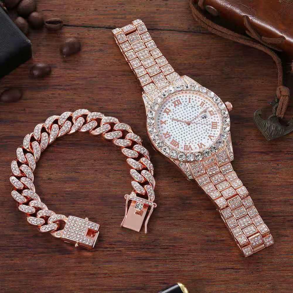 Attractive Full Iced Out Quartz Hip Hop Gold Colour Simulated Diamonds Bracelet + Watches Set for Men - The Jewellery Supermarket