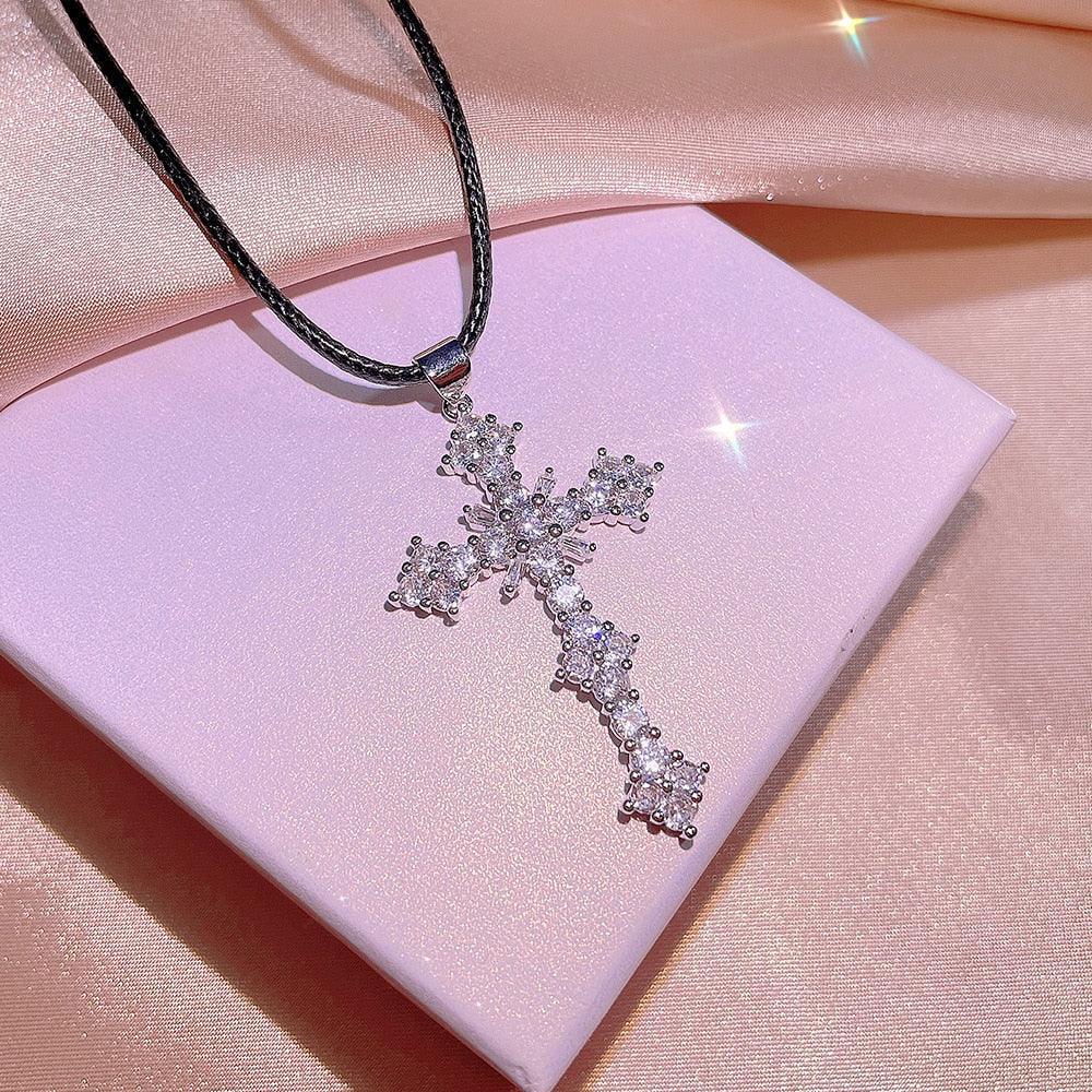 Simple Silver Colour Cross AAA+ Cubic Zirconia Diamonds Pendant light luxury niche design with clavicle chain - The Jewellery Supermarket