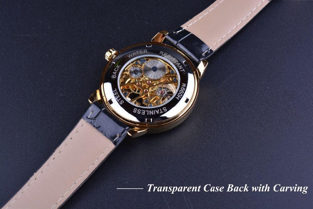 Luxury Men Gold Hollow Engraving Black Leather Skeleton Mechanical Watches - The Jewellery Supermarket