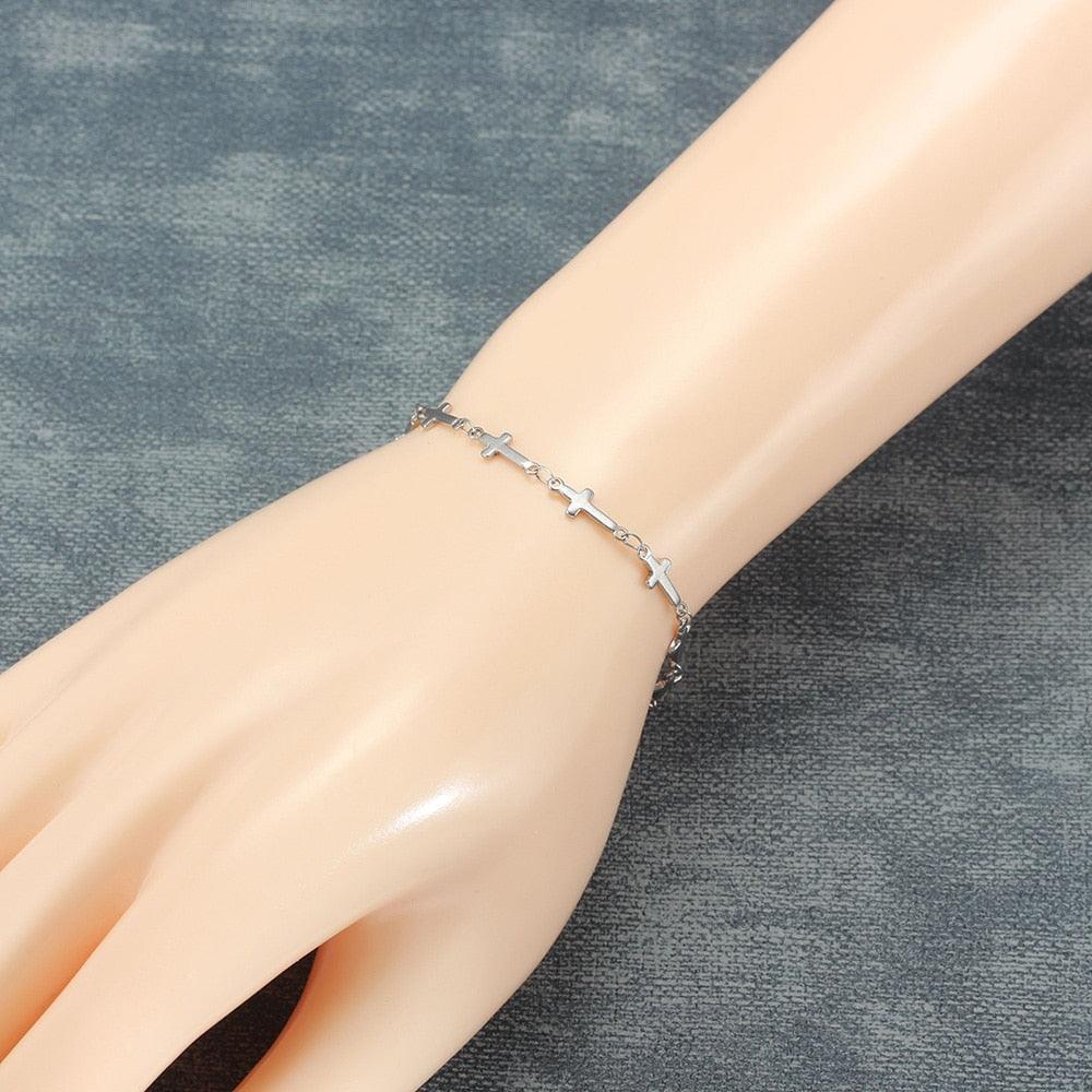 Best Seller - Stainless Steel Cross Chain Bracelets - Charming Gold Silver Colour Religious Fashion Jewellery - The Jewellery Supermarket