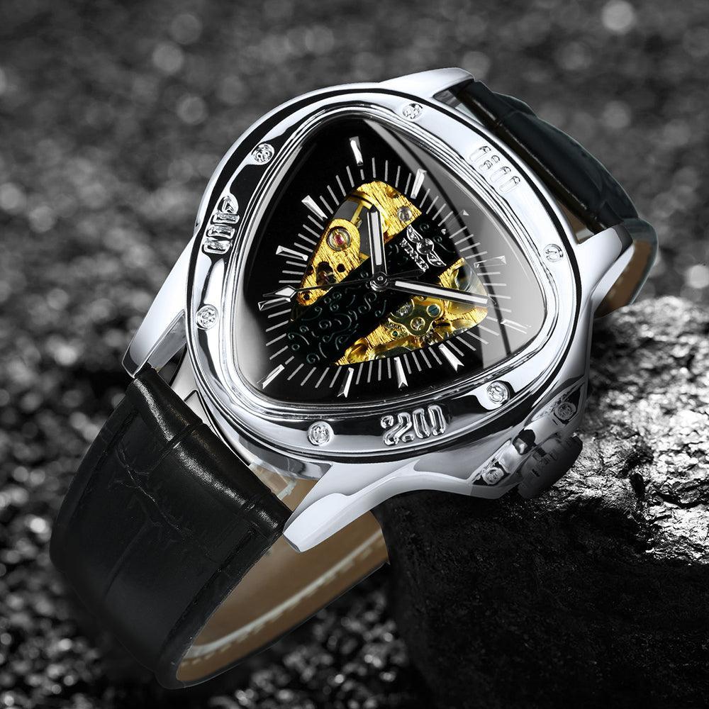 NEW - Men Golden Triangle Skeleton Mechanical Automatic Sport Watch - The Jewellery Supermarket