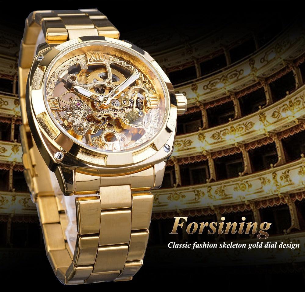 NEW - Luxury Men Golden Luminous Hands Skeleton Transparent Retro Watch - The Jewellery Supermarket
