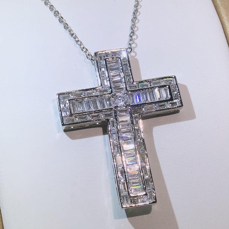 Luxury Silver Cross Princess Cut AAA+ Cubic Zirconia Diamonds Pendant Necklace - Christian Fashion  Jewellery - The Jewellery Supermarket