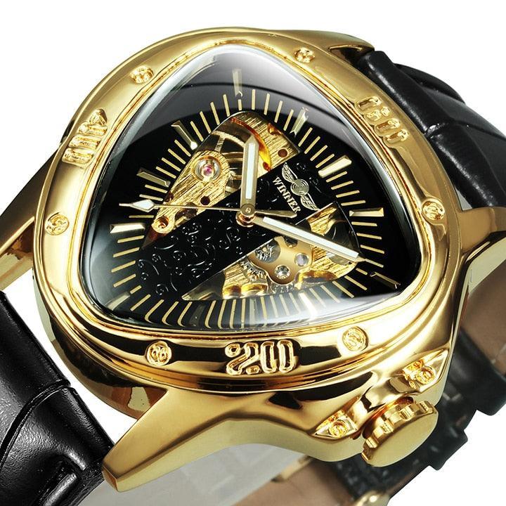 NEW - Men Golden Triangle Skeleton Mechanical Automatic Sport Watch - The Jewellery Supermarket