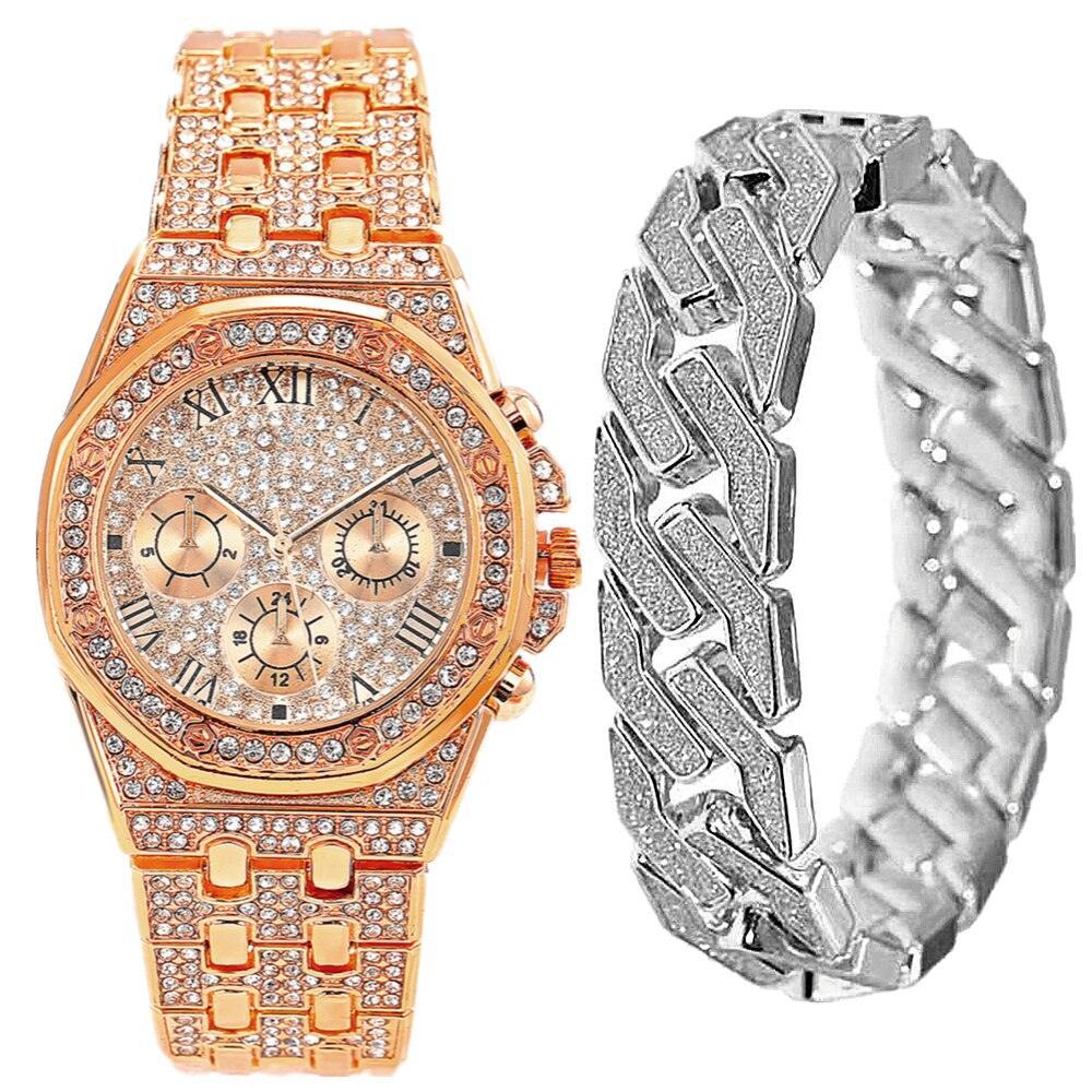 NEW Luxury Top Brand  2pcs Gold Colour Cuban Chain Male Bling Iced Out Wristwatch Bracelet for Men - The Jewellery Supermarket